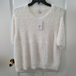 A New Day White Fuzzy V-Neck Sweater